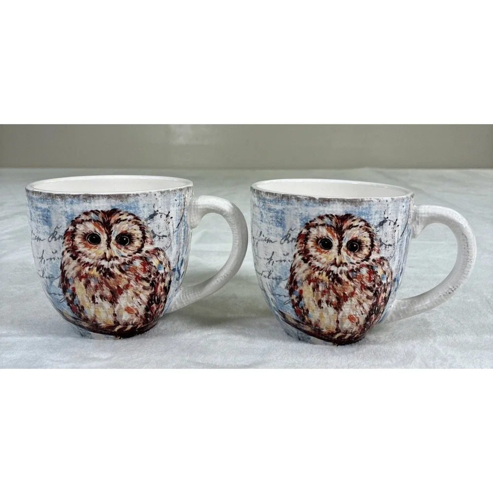 Pier 1 Imports Ironstone Owl Mugs(2) Dimpled Glossy 8.75” 2pcs Benefits Chrty